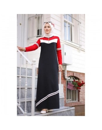 Robe sweat-shirt longue pour femme (Vetement musulmane hijab moderne - Grande taille disponible) - Couleur rouge et noire 