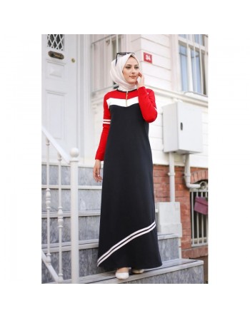 Robe sweat-shirt longue pour femme (Vetement musulmane hijab moderne - Grande taille disponible) - Couleur rouge et noire 