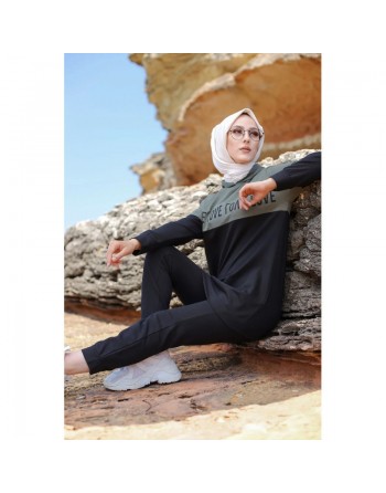 Survêtement hijab sport à capuche pour femme musulmane - Ensemble 2 pièces Sportswear - Couleur noir et kaki 