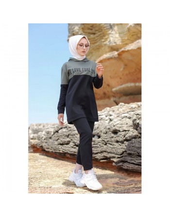 Survêtement hijab sport à capuche pour femme musulmane - Ensemble 2 pièces Sportswear - Couleur noir et kaki 