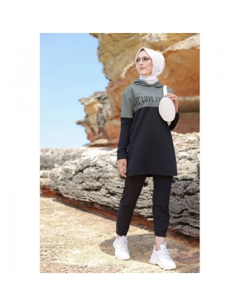 Survêtement hijab sport à capuche pour femme musulmane - Ensemble 2 pièces Sportswear - Couleur noir et kaki 