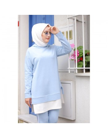 Ensemble décontracté et tenue de sport 2 pièces (Mode islamique pour femme) - Couleur Bleu ciel et blanc 
