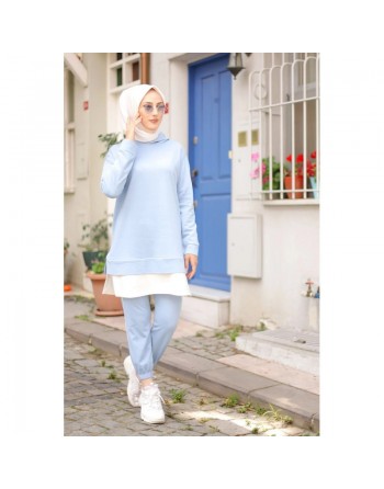 Ensemble décontracté et tenue de sport 2 pièces (Mode islamique pour femme) - Couleur Bleu ciel et blanc 