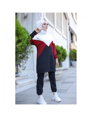 Tenue décontractée deux pièces (Pantalon et Tunique) pour femme voilée - Vetement à 3 couleurs : noir, rouge et blanc 