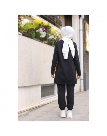 Ensemble décontracté hijab moderne deux pièces pour femme musulmane - Survêtement à 3 couleurs : moutarde, noir et blanc 