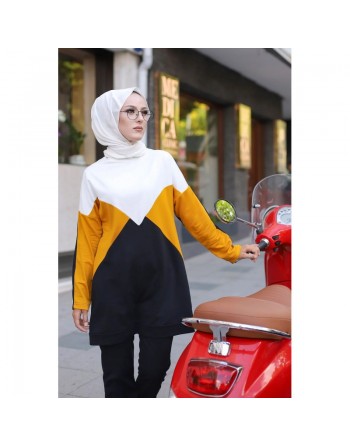 Ensemble décontracté hijab moderne deux pièces pour femme musulmane - Survêtement à 3 couleurs : moutarde, noir et blanc 