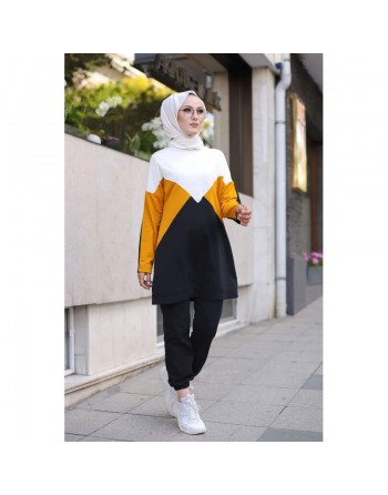 Ensemble décontracté hijab moderne deux pièces pour femme musulmane - Survêtement à 3 couleurs : moutarde, noir et blanc 