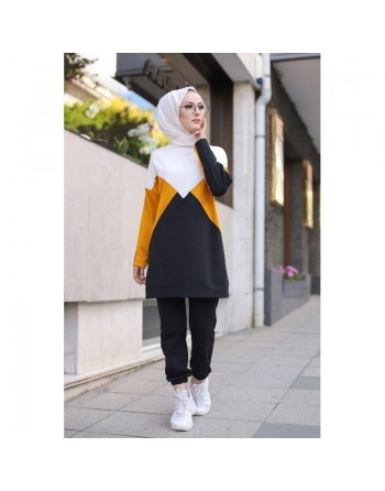 Ensemble décontracté hijab moderne deux pièces pour femme musulmane - Survêtement à 3 couleurs : moutarde, noir et blanc 