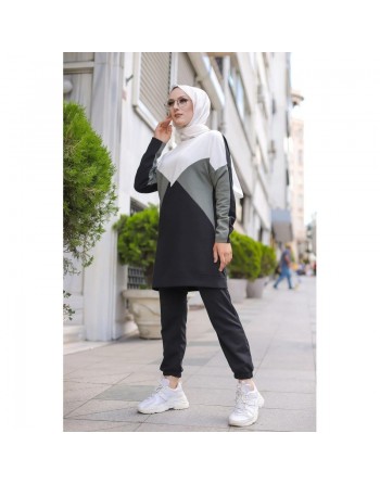 Ensemble de sport deux pièces (Pantalon jogger et Tunique) pour femme voilée - Survêtement à 3 couleurs : kaki, noir et... 