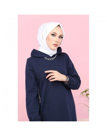 Robe longue à capuche style sweat shirt (Hijab sport pour femme musulmane) - Couleur bleu marine 