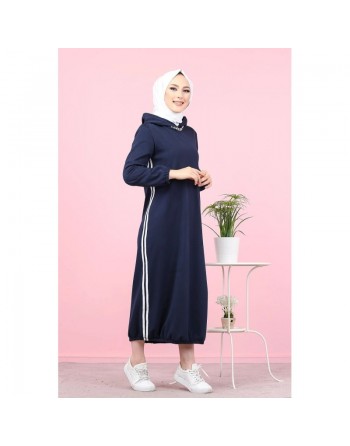 Robe longue à capuche style sweat shirt (Hijab sport pour femme musulmane) - Couleur bleu marine 