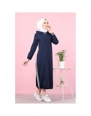 Robe longue à capuche style sweat shirt (Hijab sport pour femme musulmane) - Couleur bleu marine 