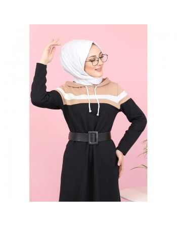Robe décontractée à capuche style sportswear - Tenue Hijab moderne pour femme musulmane - Couleur noir blanc et nude 