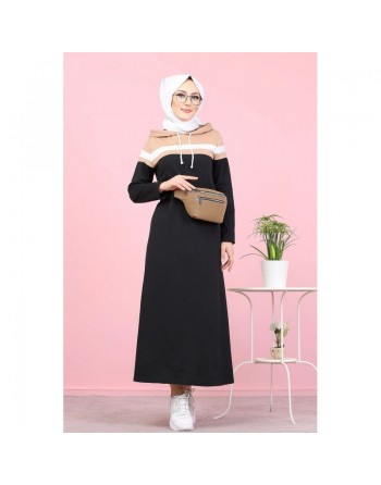 Robe décontractée à capuche style sportswear - Tenue Hijab moderne pour femme musulmane - Couleur noir blanc et nude 