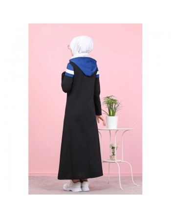 Robe décontractée à capuche de type sportwear - Vêtement Hidjab pour femme musulmane - Couleur noir, blanc et bleu indigo 