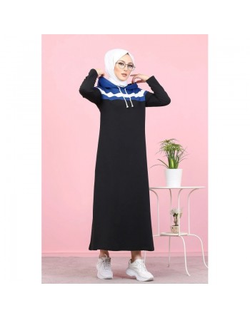 Robe décontractée à capuche de type sportwear - Vêtement Hidjab pour femme musulmane - Couleur noir, blanc et bleu indigo 