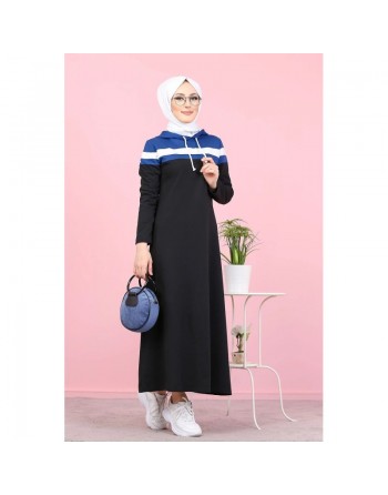 Robe décontractée à capuche de type sportwear - Vêtement Hidjab pour femme musulmane - Couleur noir, blanc et bleu indigo 