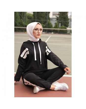Ensemble survêtement 2 pièces : Sweat à capuche et Jogger - Vetement Sport femme voilée - Couleur blanc et Noir 