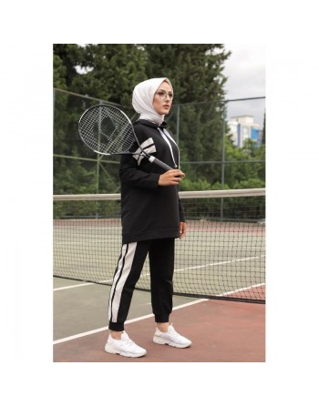Ensemble survêtement 2 pièces : Sweat à capuche et Jogger - Vetement Sport femme voilée - Couleur blanc et Noir 