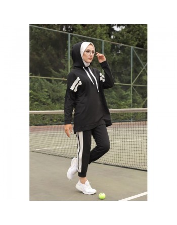 Ensemble survêtement 2 pièces : Sweat à capuche et Jogger - Vetement Sport femme voilée - Couleur blanc et Noir 