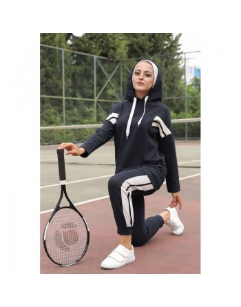Ensemble survêtement 2 pièces (Vêtement Sport pour femme voilée) - Couleur blanc et Bleu nuit 
