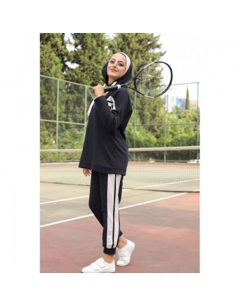 Ensemble survêtement 2 pièces (Vêtement Sport pour femme voilée) - Couleur blanc et Bleu nuit 