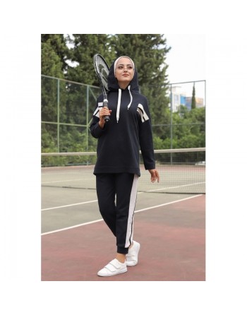 Ensemble survêtement 2 pièces (Vêtement Sport pour femme voilée) - Couleur blanc et Bleu nuit 