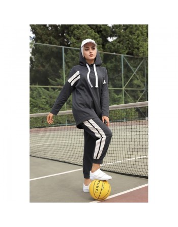 Survêtement Sport 2 pièces (Sportswear pour femme musulmane sportive voilée) - Couleur blanc et Gris foncé 