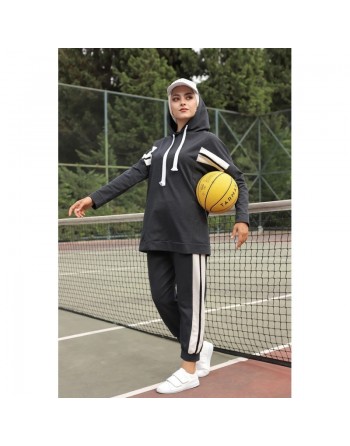 Survêtement Sport 2 pièces (Sportswear pour femme musulmane sportive voilée) - Couleur blanc et Gris foncé 