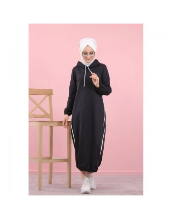 Robe longue à capuche style sweat shirt (Hijab sport pour femme musulmane) - Couleur Noir 
