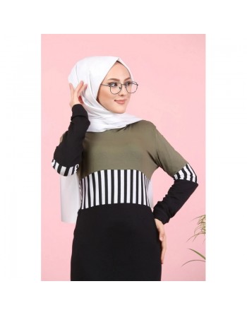 Robe moderne décontractée à capuche pour femme (Modest Fashion) - Couleur noir blanc et kaki 
