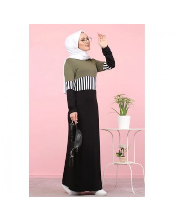 Robe moderne décontractée à capuche pour femme (Modest Fashion) - Couleur noir blanc et kaki 