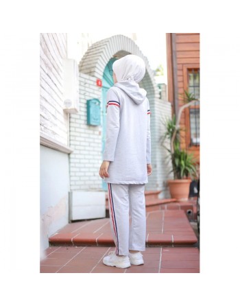 Survêtement avec sweat-shirt à capuche et jogger basique en coton (Hijab Sport pour femme musulmane) - Couleur gris clair 