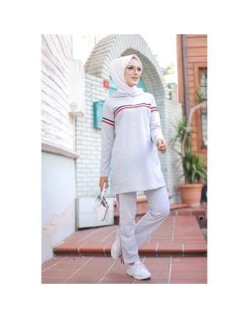 Survêtement avec sweat-shirt à capuche et jogger basique en coton (Hijab Sport pour femme musulmane) - Couleur gris clair 