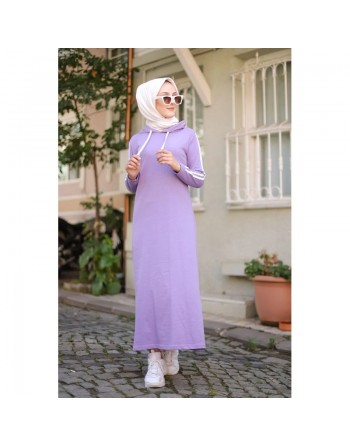 Robe sweat-shirt longue à capuche en coton (Sportswear Modest Fashion) - Couleur lilas 