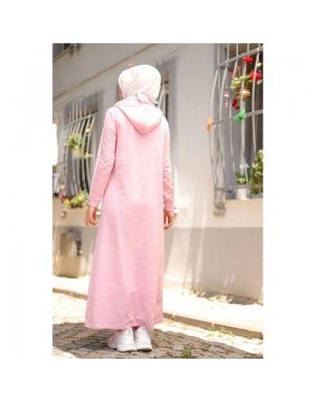Robe streetwear avec capuche (Vêtements islamiques modernes pour femmes musulmanes) - Couleur rose poudré 