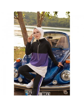 Ensemble survêtement tricolore pour femme : tunique zippée à capuche et pantalon - Couleur noir blanc et Lilas 