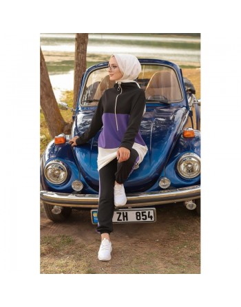 Ensemble survêtement tricolore pour femme : tunique zippée à capuche et pantalon - Couleur noir blanc et Lilas 