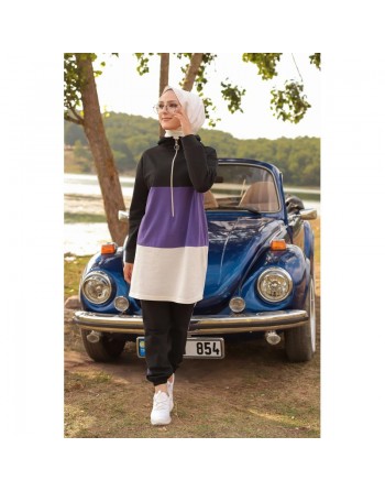 Ensemble survêtement tricolore pour femme : tunique zippée à capuche et pantalon - Couleur noir blanc et Lilas 