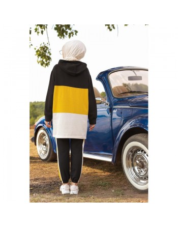 Ensemble survêtement tricolore pour femme : tunique zippée à capuche et pantalon (Vetement islam) - Couleur noir blanc et... 