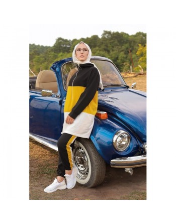 Ensemble survêtement tricolore pour femme : tunique zippée à capuche et pantalon (Vetement islam) - Couleur noir blanc et... 