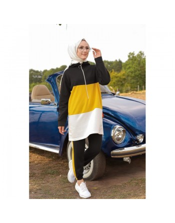 Ensemble survêtement tricolore pour femme : tunique zippée à capuche et pantalon (Vetement islam) - Couleur noir blanc et... 