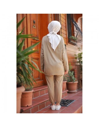 Ensemble survêtement 2 pièces pour femme (Mode musulmane - Prêt-à-porter Modest Fashion France) - Couleur beige 