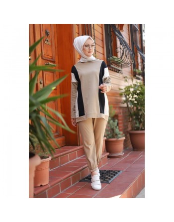Ensemble survêtement 2 pièces pour femme (Mode musulmane - Prêt-à-porter Modest Fashion France) - Couleur beige 