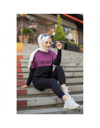 Ensemble Survêtement bi-couleur à capuche pour femme voilée (Hijab Sport Ootd - Boutique en ligne) - Couleur Mauve 