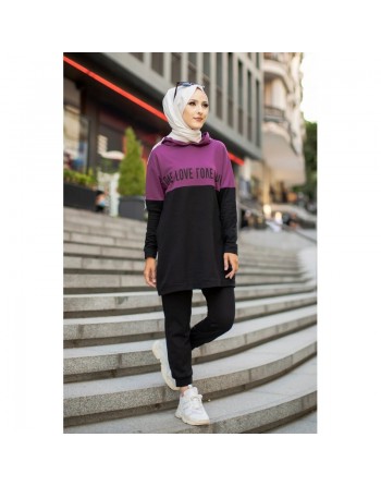 Ensemble Survêtement bi-couleur à capuche pour femme voilée (Hijab Sport Ootd - Boutique en ligne) - Couleur Mauve 