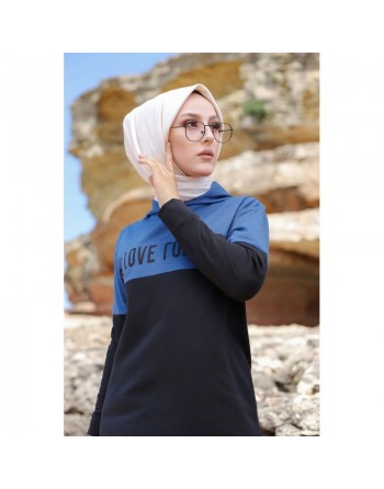 Ensemble Survêtement bi-couleur à capuche pour femme musulmane inscription "Love" - Couleur noir et Bleu indigo 