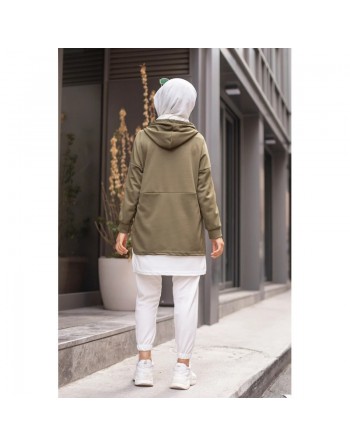 Tunique sport bicolore pour femme musulmane (Tenue Hijab sportswear) - Couleur blanc et kaki 