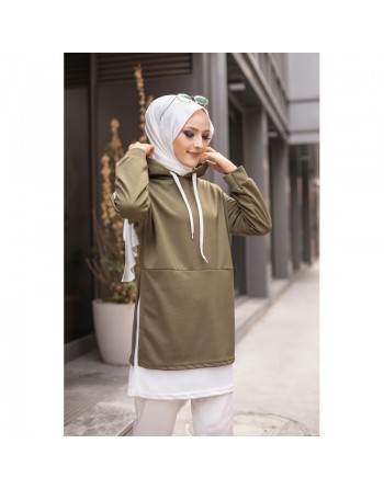 Tunique sport bicolore pour femme musulmane (Tenue Hijab sportswear) - Couleur blanc et kaki 