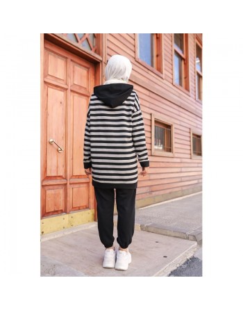 Survêtement Hijab jogging musulman 2 pièces - Tunique à rayure pour femme voilée - Couleur gris et noir 